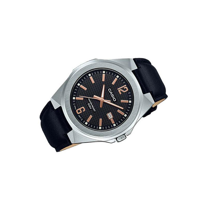 Casio Waterproof 50 Meters Fashion Style Quartz Movement Genuine Leather Strap Japanese and Korean Watch 48.5mm Men's Watch Black Dial MTP-E158L-1A