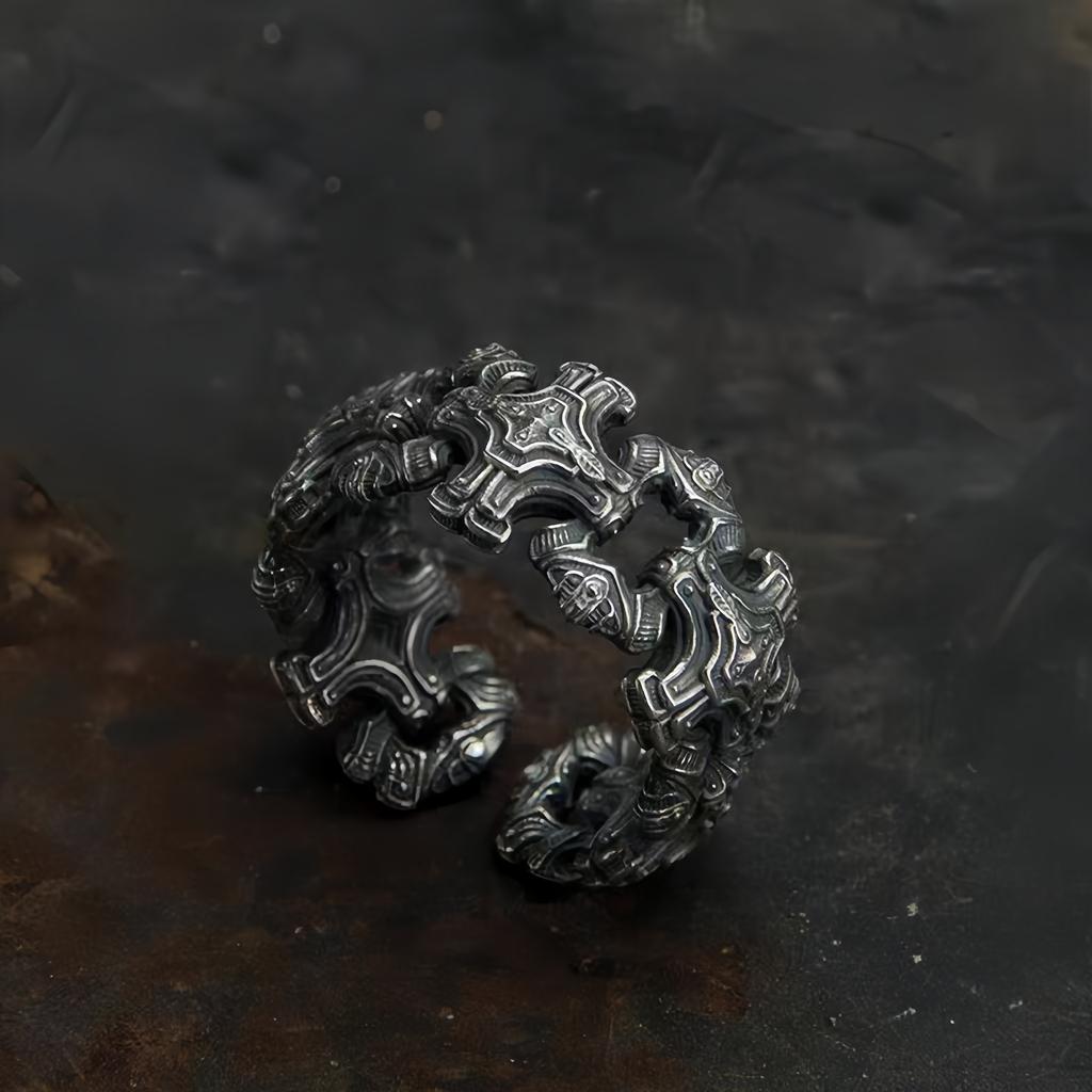 Retro Chained Crosses Adjustable Open Ring For Men Silver-plated Copper Gothic Punk Edgy  Christian Accessories Cool Gift