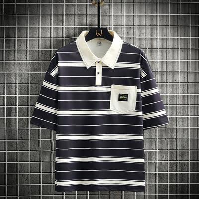 Letni T-shirt z krótkim rękawem, koszulka polo z luźnym kołnierzykiem, modnymi paskami, wszechstronny casualowy krótki T-shirt