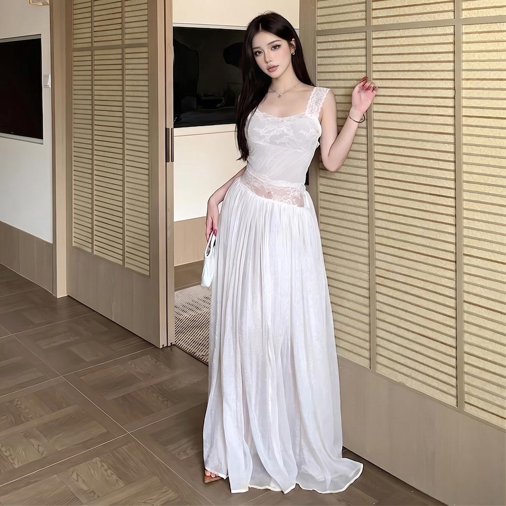 2026 European and American summer new temperament lace splicing design suspender temperament slim backless dress women