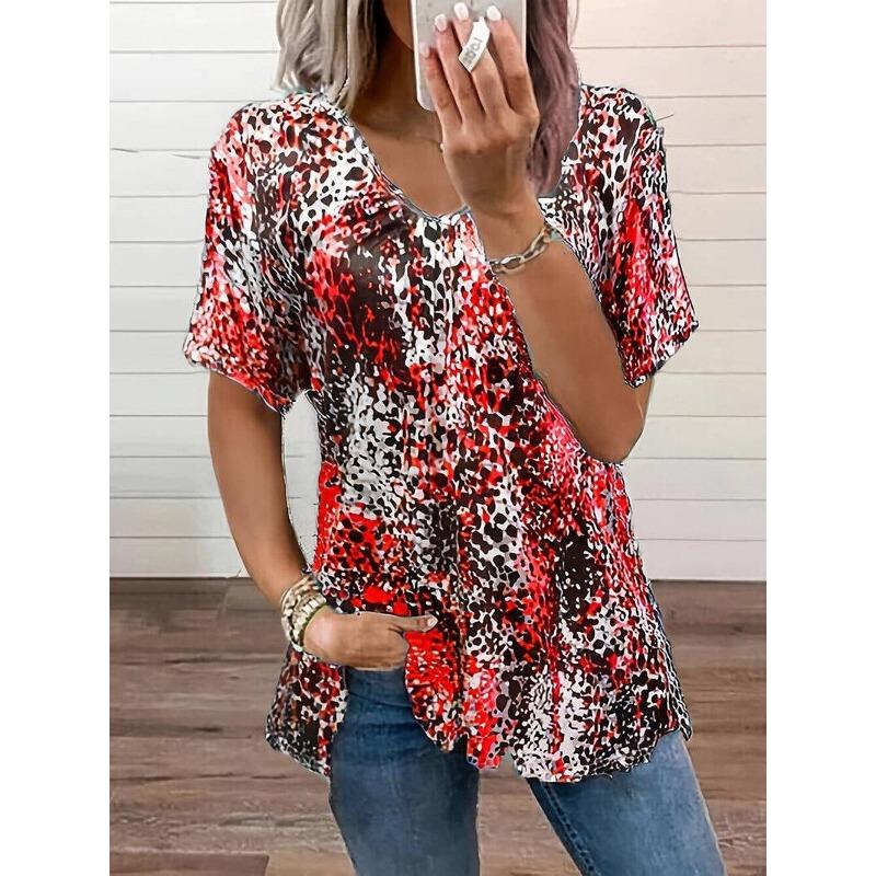 

summer fashionable blouse digital print leopard print blouse chest pleated V neck short sleeve casual T-shirt women 5XL