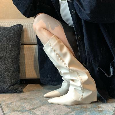 White Trouser Boots 2025 New Internet Celebrity Fat Mm Pointed Slope Heel High Tube But Knee Boots Women