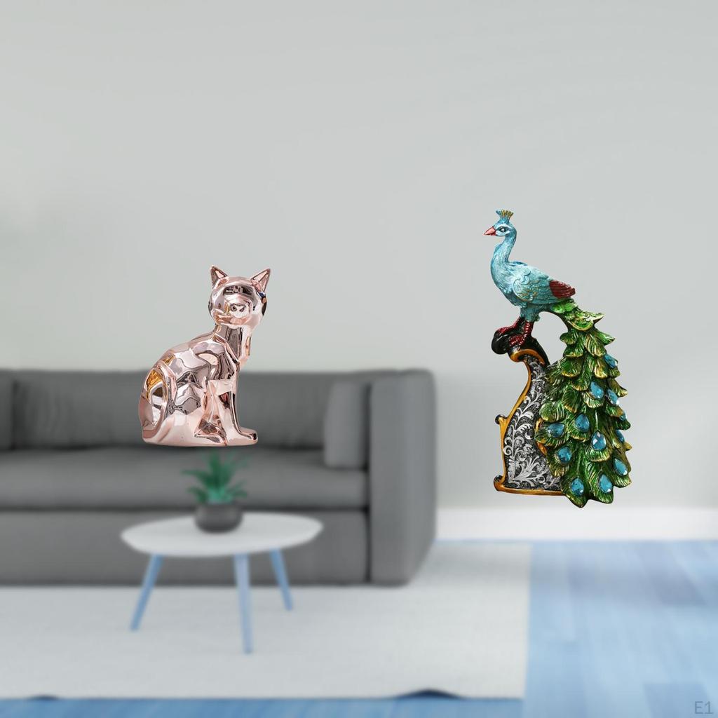 Elegant Cat Peacock Animal Sculpture Decorative Figurine Art Craft Ornament for Fireplace Bedroom