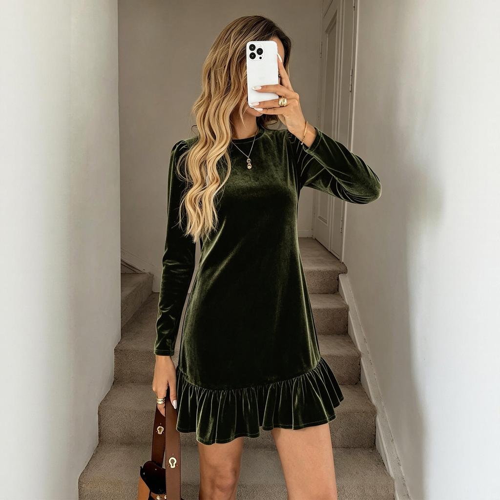 Women's Stylish Velvet Dress Long Sleeve Round Neck Ruffle Hem