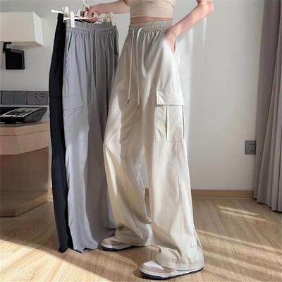 Spring Summer High Waist Baggy Cargo Pants Women Wide Leg Straight Solid Trousers Lady Casual Vintage Elastic Pant Streetwear