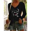 Fashionable Women's Autumn/Winter Top, Portrait Pattern Print, Daily Versatile Simple Comfortable Casual Colored V-Neck Long Sleeve T-Shirt