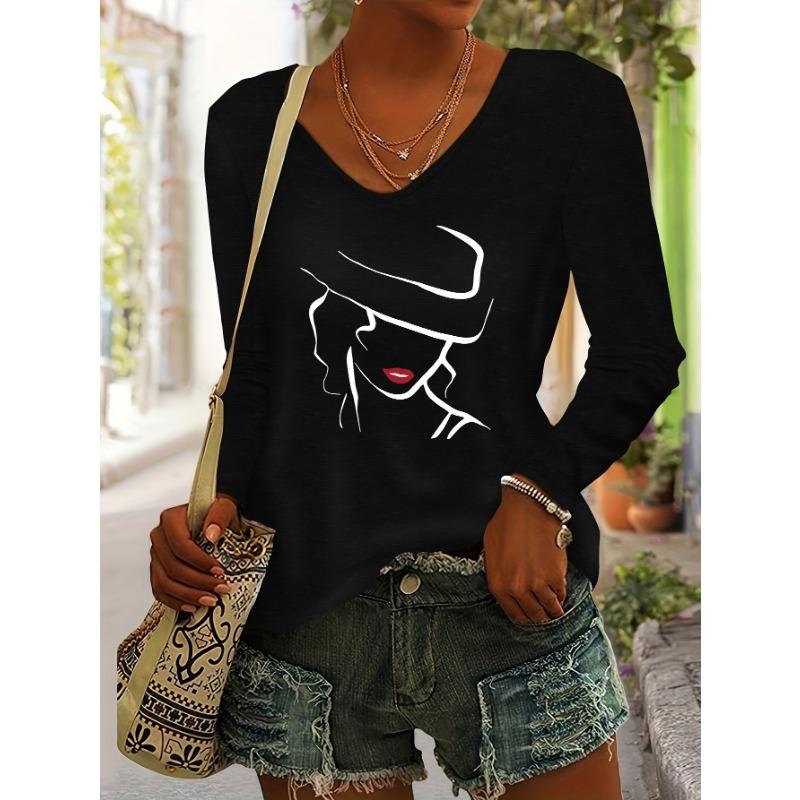 Fashionable Women's Autumn/Winter Top, Portrait Pattern Print, Daily Versatile Simple Comfortable Casual Colored V-Neck Long Sleeve T-Shirt