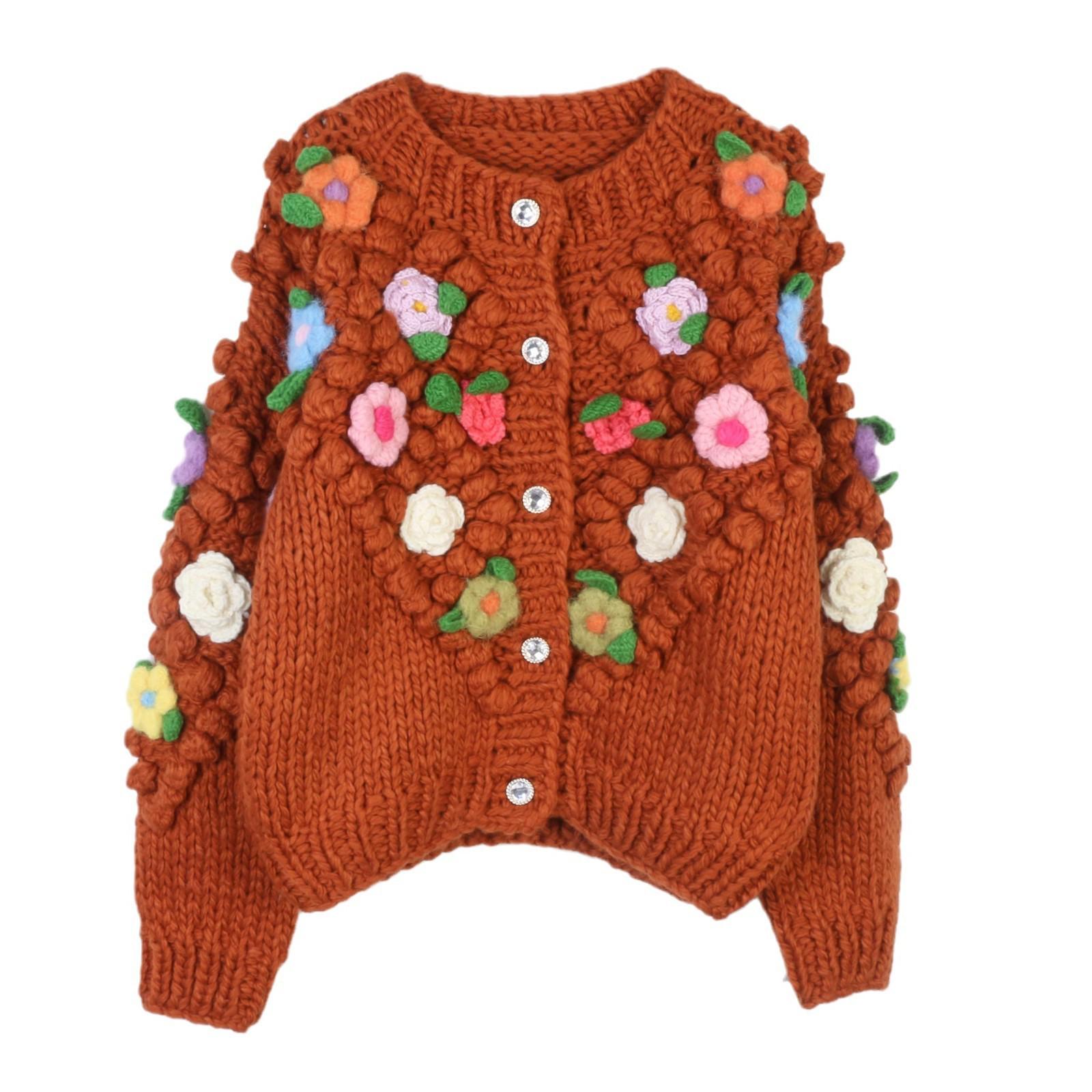 

Женский кардиган крупной вязки с цветочным узором - Осень/Зима, Круглый вырез, Длинный рукав, Однобортный, Свободный крой Medium