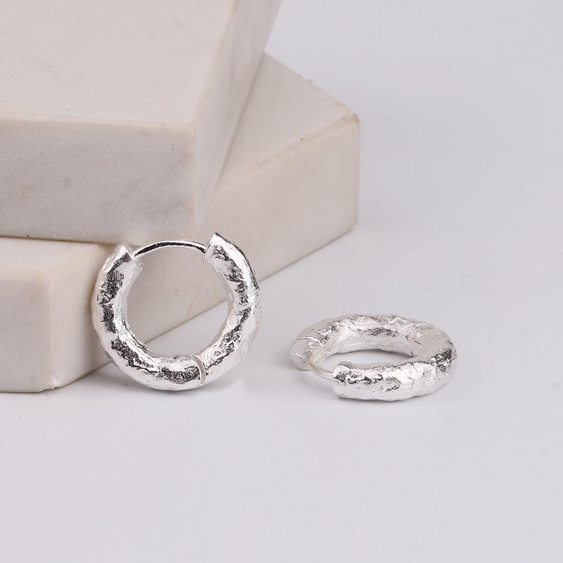 

S925 Sterling Silver Hoop Earrings, Unisex Textured Circle Design, High-End European & American Vintage Dangle Ear Cuffs.