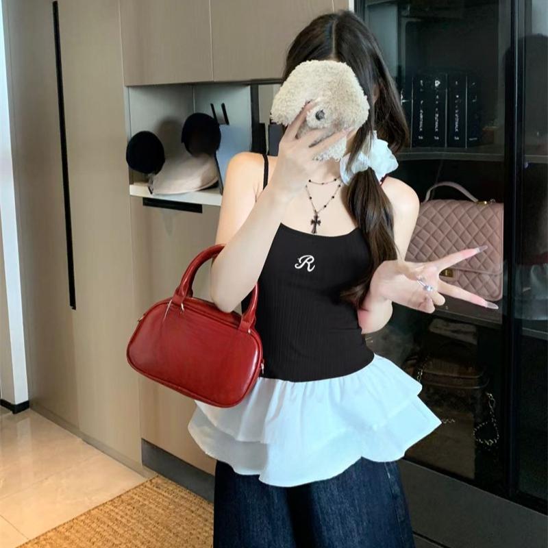 Ballet style O-neck sleeveless T-shirt Summer MODAL COTTON Sexy sling t shirt for Women Lotus leaf Slim Elastic Skinny red Tops