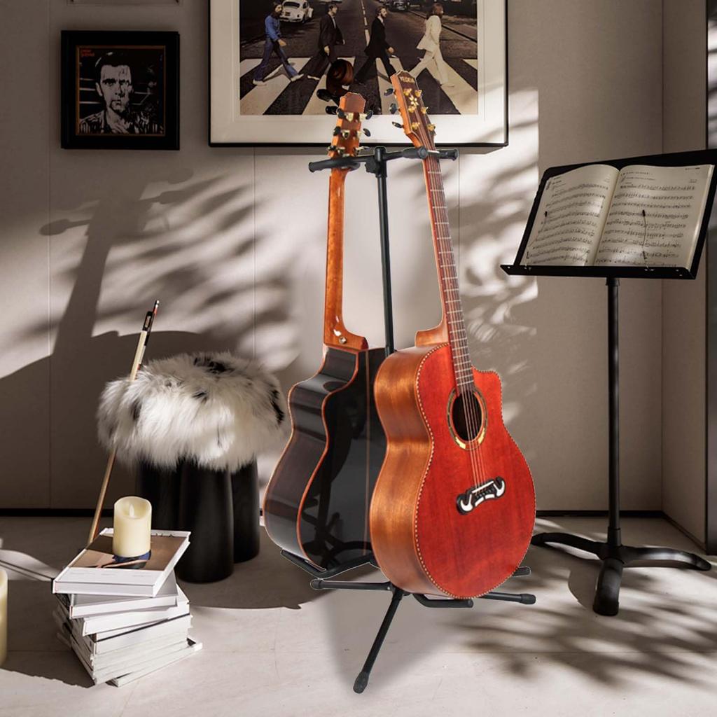 Double Adjustable Folding Guitar Stand with Adjustable Soft Foam Tripod Stable and Durable Guitar Versatile for Black Anti-Tip Rubber, Height, Arms,