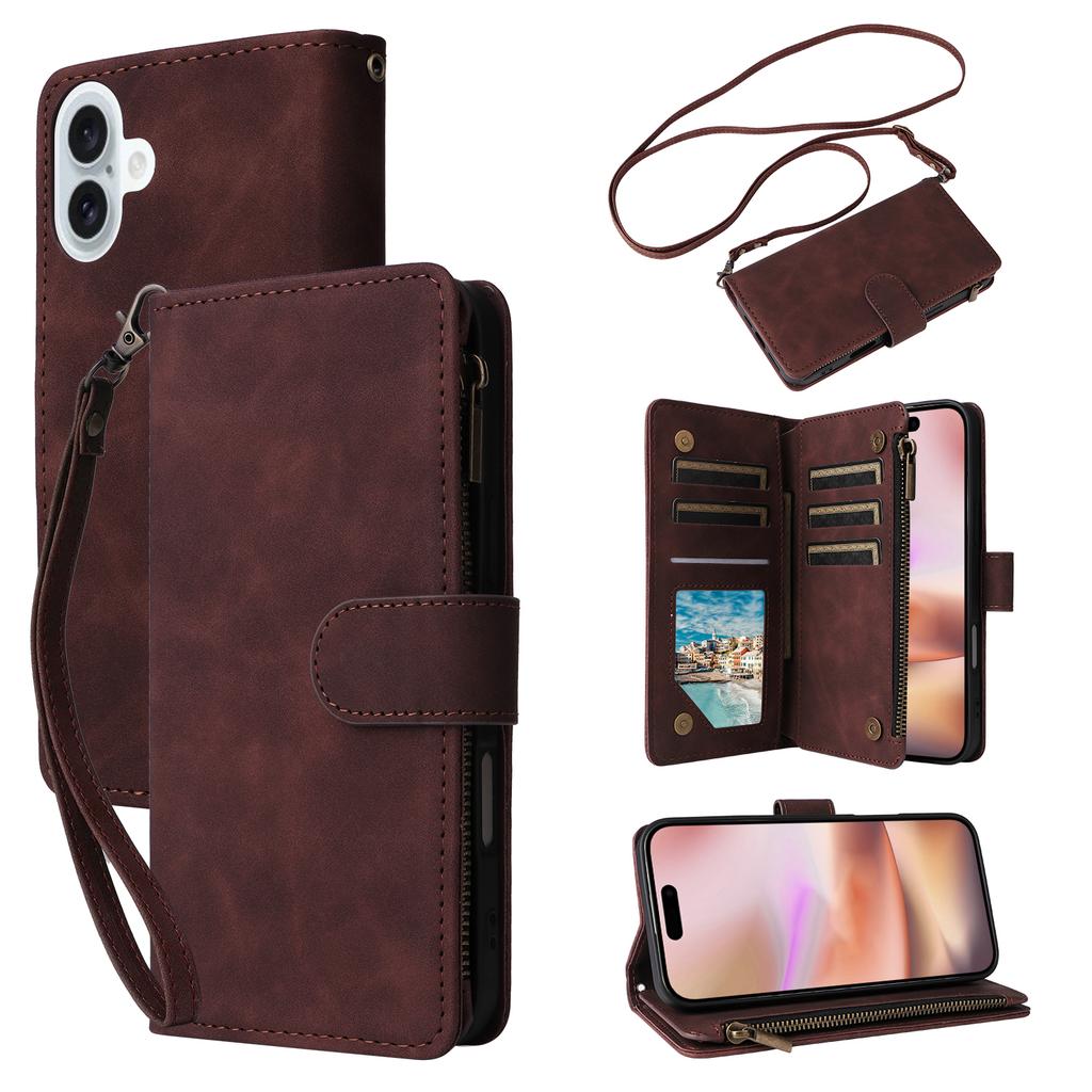 For iPhone 16 Plus Case Zipper Pocket PU Leather Wallet Phone Stand Cover with Strap