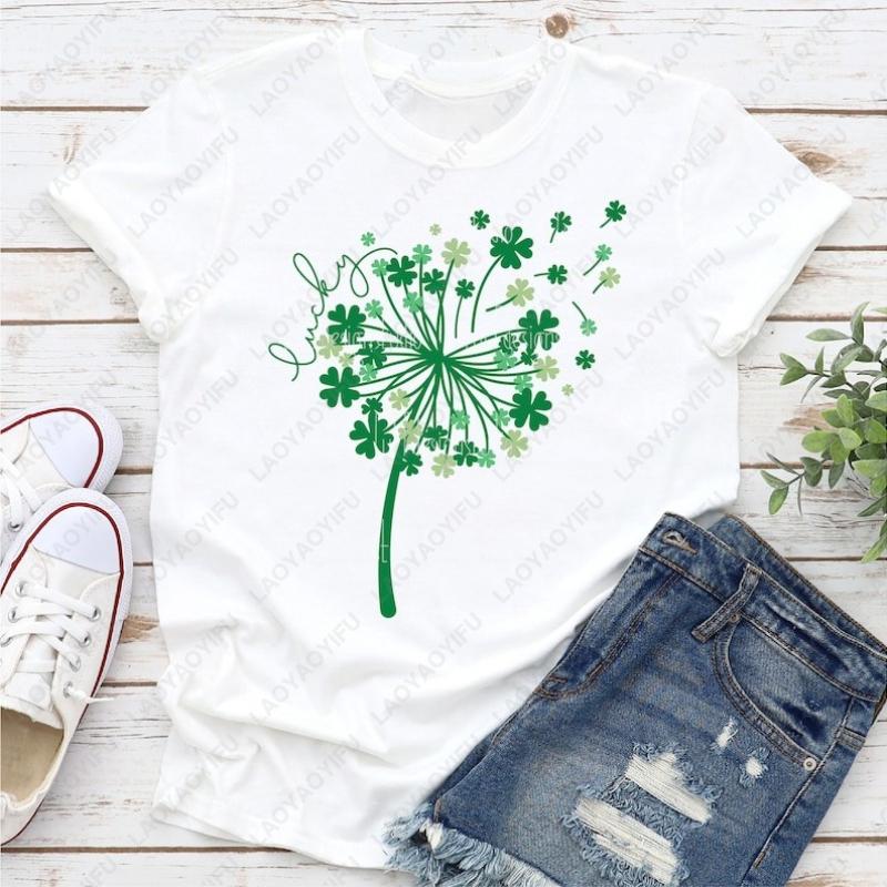 

St Patricks Day Dandelion Shamrock Oneck Printed Unisex Tops Lucky Clover Unisex Adult Cotton Tshirts Family Celebration Gift 4XL