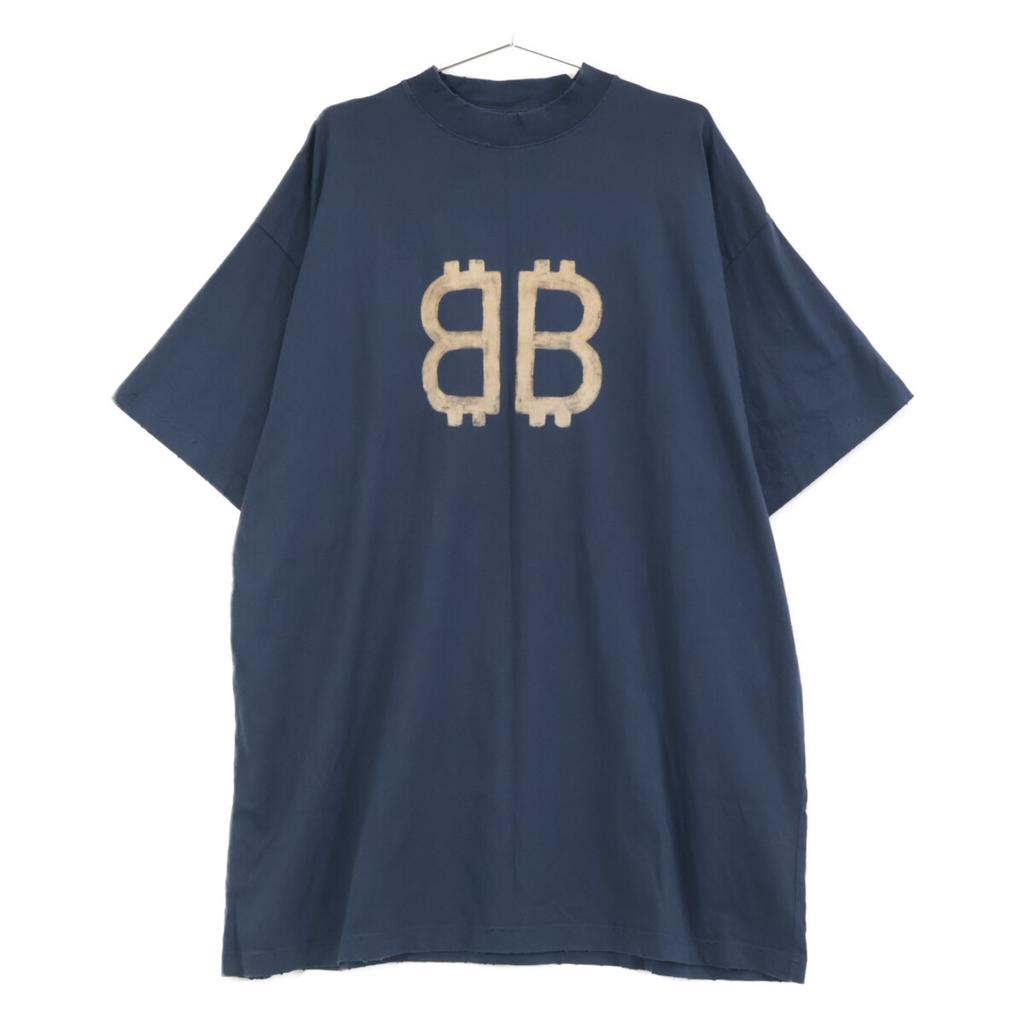 BALENCIAGA 739028 Navy 24 Year BB Logo Oversized T-Shirt tops 4 NavyUsed