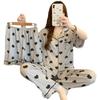Short-Sleeved Three-Piece Printed Lapel Collar Summer Thin High-End Gray Pajamas Women'S Wrinkled Cloth Loungewear Can Be Worn Outside