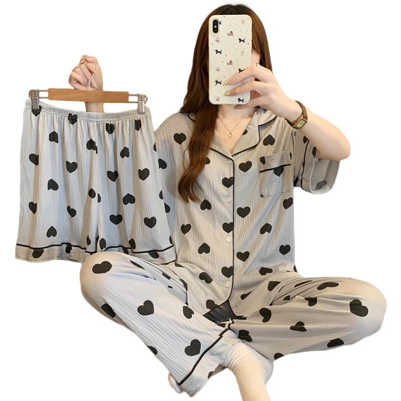 Short-Sleeved Three-Piece Printed Lapel Collar Summer Thin High-End Gray Pajamas Women'S Wrinkled Cloth Loungewear Can Be Worn Outside