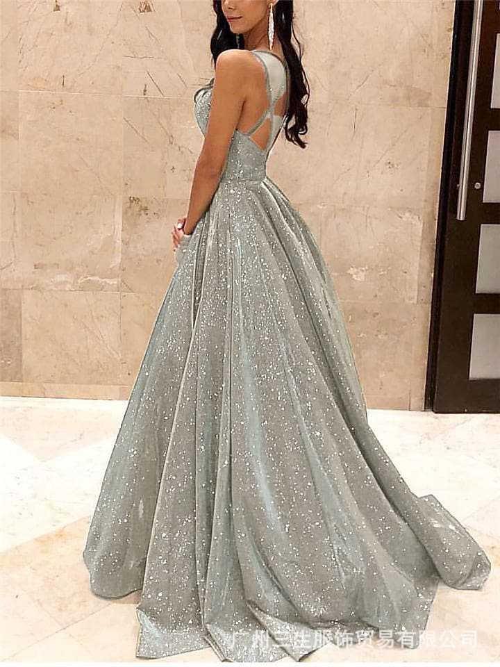 Women's Tube-top Shiny Long A-line Slim Evening Dress