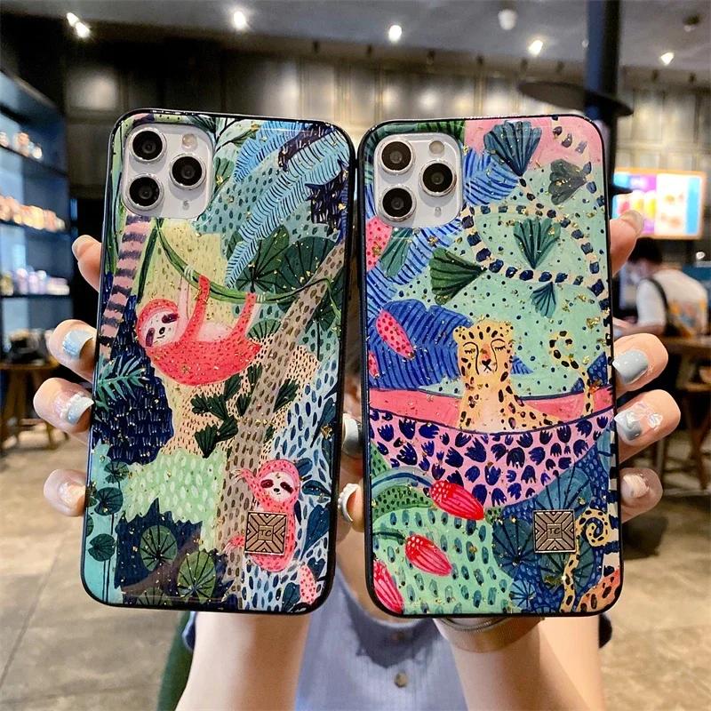 Cute Cartoon Silicone Case For iPhone 16 15 14 13 12 11 Pro Max Plus Flower Shiba Inu Dog Sloth Leopard Glitter Shockproof Cover