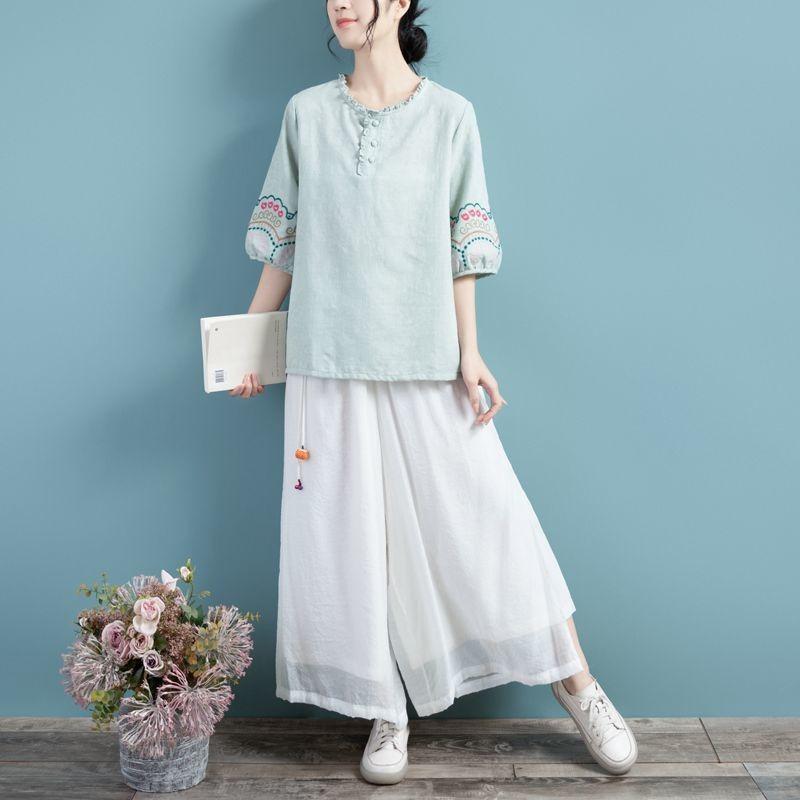 Women's Purple Embroidered Half Sleeve Blouse Ruffle Neck Casual Cotton Top