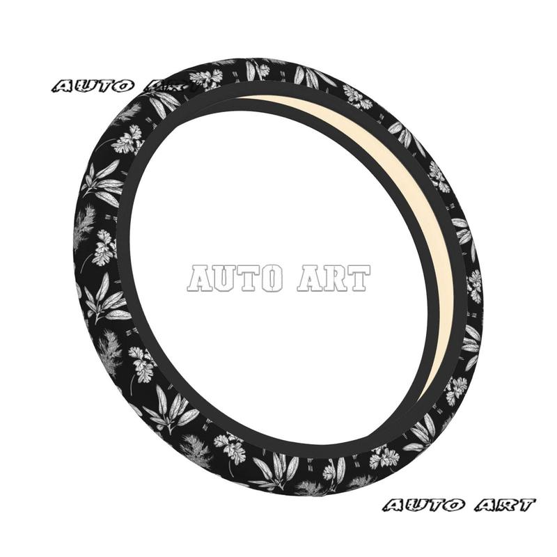 Herbs Flowers Plant White Black Car Steering Wheel Cover Protector Anti Slip Soft Car Interior Decor for Diverse Cars Truck