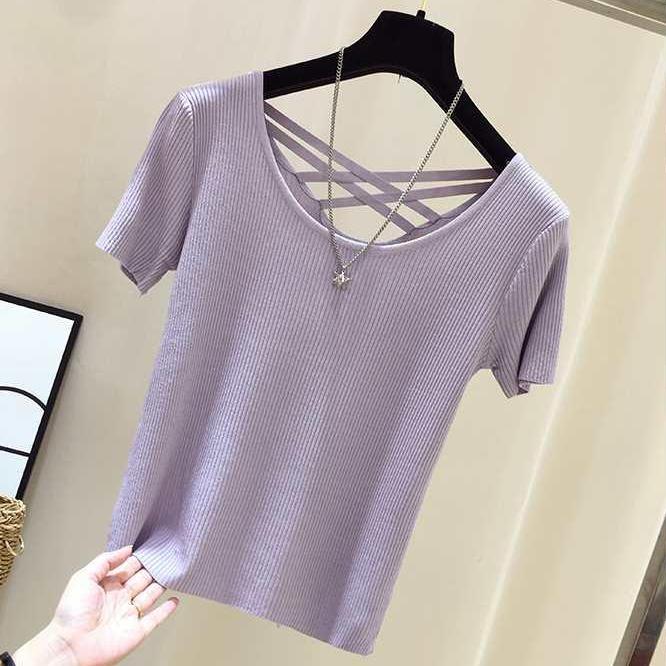 Sırtı Açık Tişört Kadın İlkbahar/Yaz Slim Fit Örme Kısa Kollu Tişört Buz İpek Tişört Örme Üst