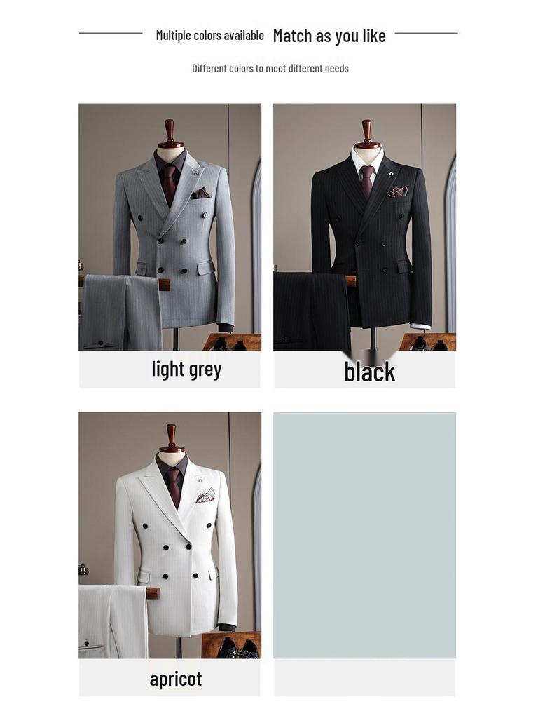 Men's High-End Double-Breasted Striped Slim-Fit Wedding & Business Suit Set