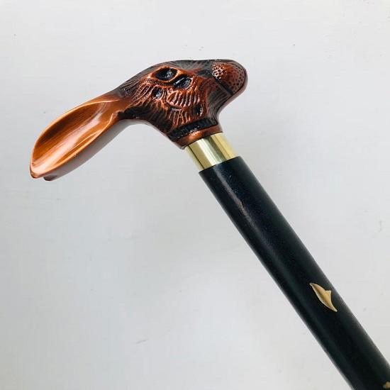 Rebit Head Walking Stick Brass Handle Black Wooden Cane