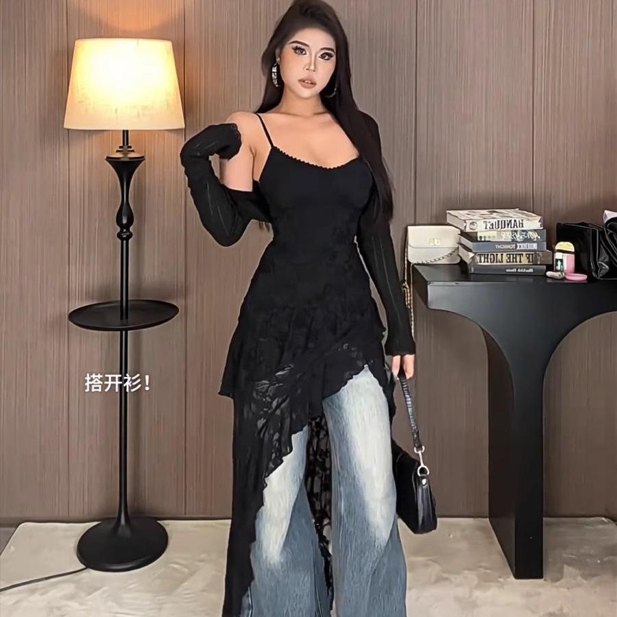 French Ruffle Lace V-neck Suspender Dress Women's Spring New Irregular Waist and Thin A-word Long Skirt