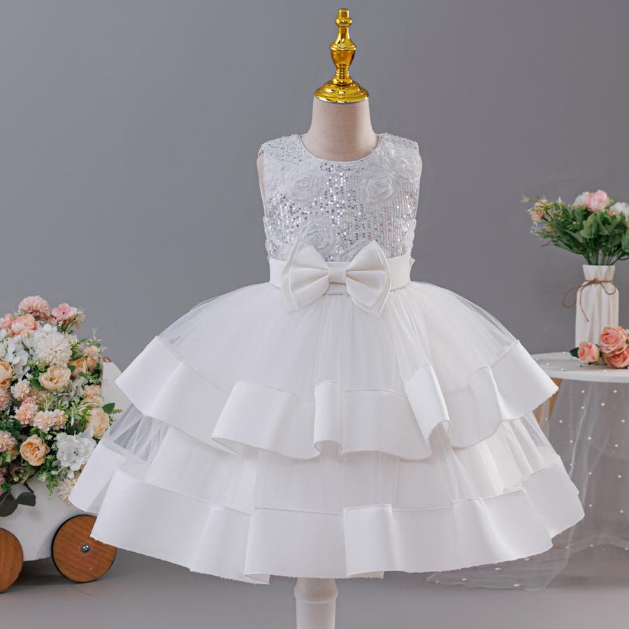 Girls' New Style Double Layer Mesh Lace Bow Party Evening Dress Princess Performance Outfit