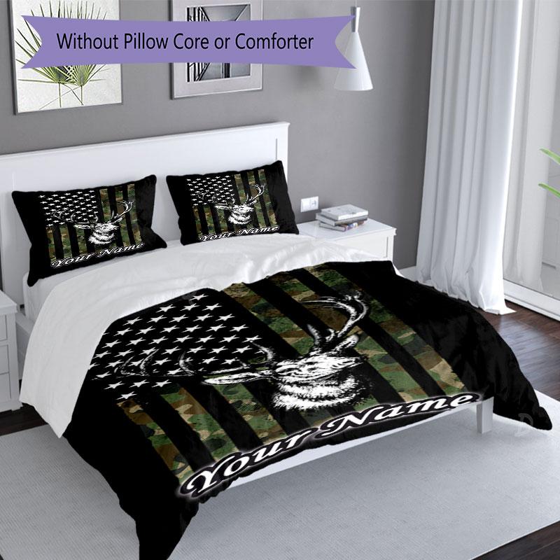 3PC Custom Name American Flag Deer Camo Bedding Set Duvet Cover Closure Includes 1 Duvet Cover & 2 Pillowcases for Bedroom