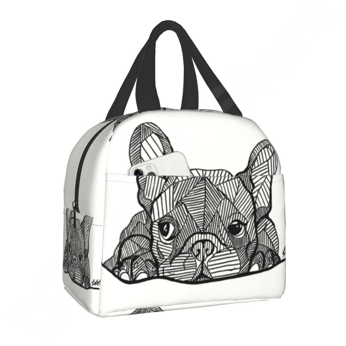 French Bulldog Puppy Facial Insulated Lunch Bag for Work School Picnic Resuable Portable Thermal Cooler Lunch Box for Women Kids 8.5x5x8inch