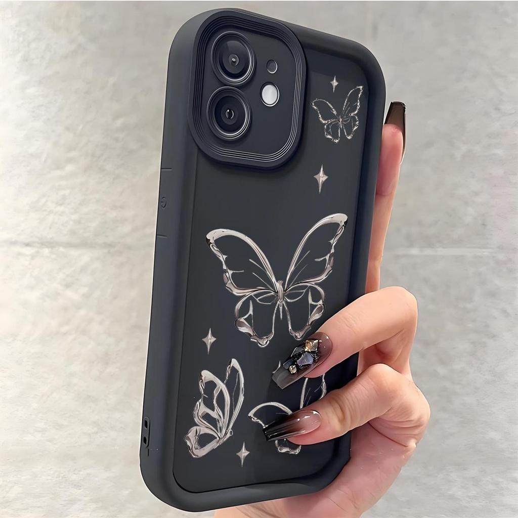 Silver Butterfly Cross Diamond iPhone 15/16/17 Case with Sand Staircase and Black Groove Design