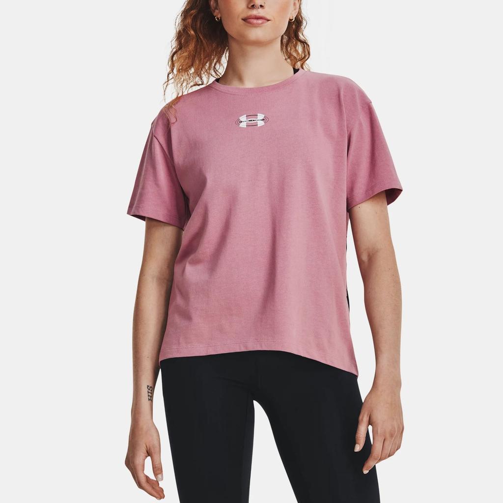 Under Armour Crest Letter Print Round Neck Drop Shoulder Short Sleeve T-Shirt Women T-Shirts Pink 1379391-697