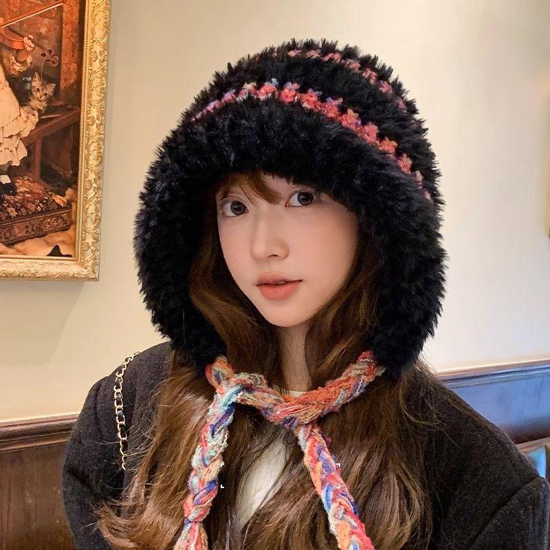 Winter warm ear protection color rope plush hat women's versatile windproof knitted wool hat plush thickened cycling pullover hat