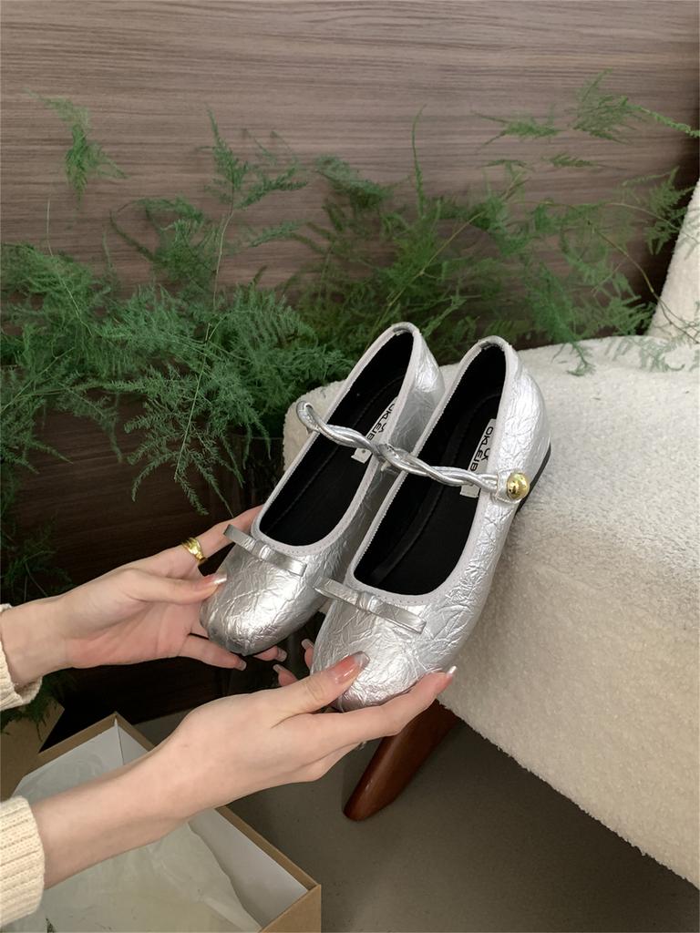 OKLEIBO Inner Height Increase Silver Mary Jane Single Shoes Women's Shoes Spring and Autumn 2025 New Korean Version Bow Evening