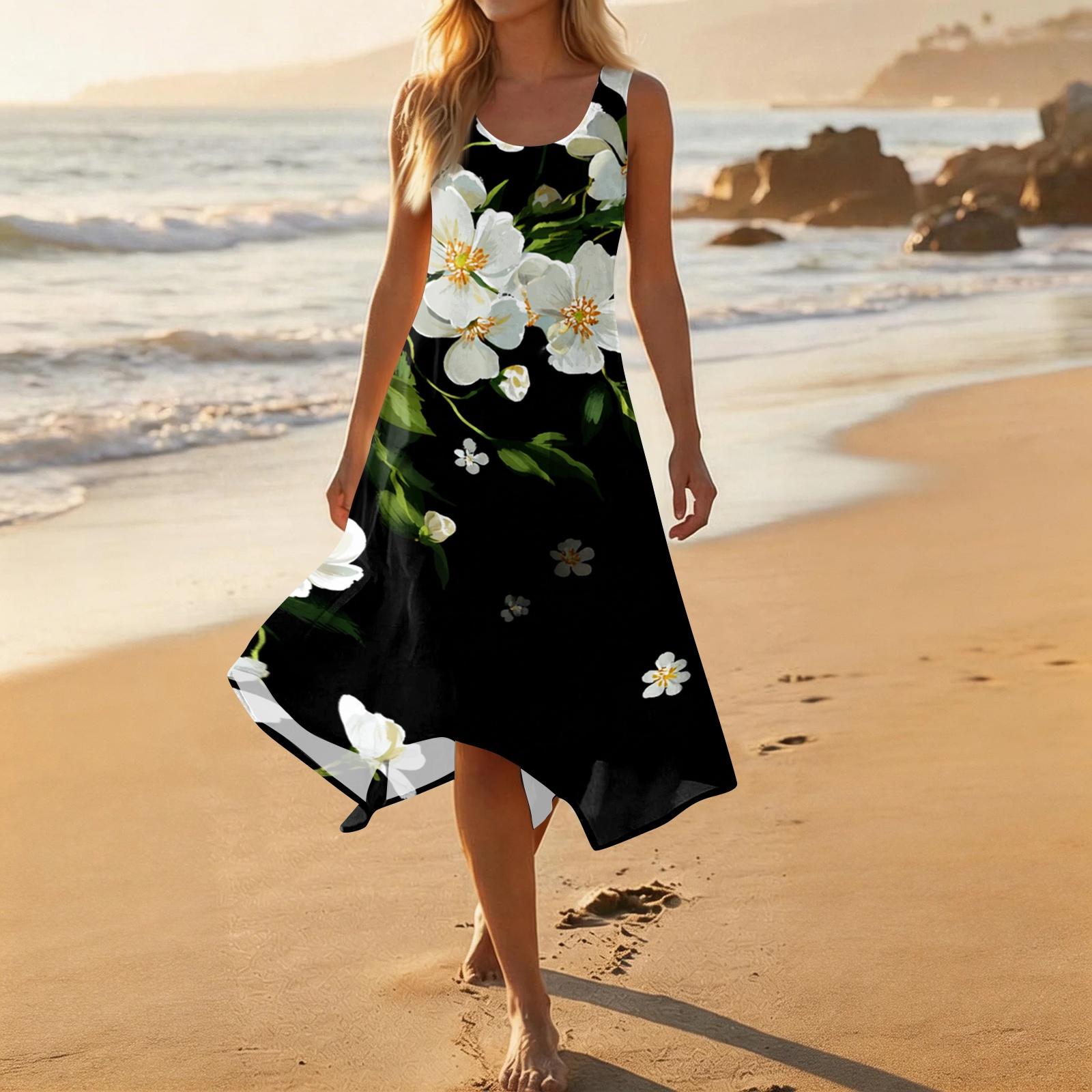 Women s Casual Sleeveless Floral Midi Dress, Round Neck Irregular Hem Summer Dress XL
