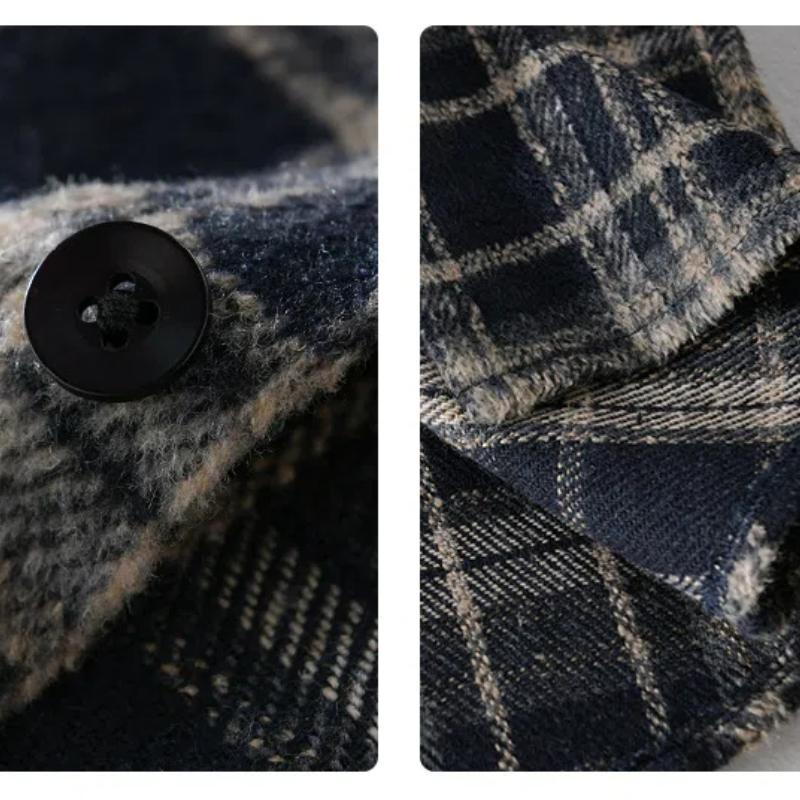 Automne et Hiver Vêtements Homme Chemise à Carreaux Rétro Manches Longues Chemises Amples Brossées avec Poche Chemise Décontractée Quotidienne pour Homme