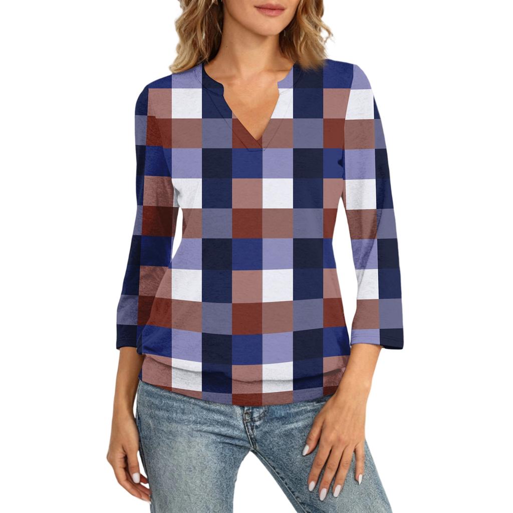 Women's 3/4 Sleeve Top Neck Hem V,Neck Summer Casual ,Shirt Plaid Printed Top