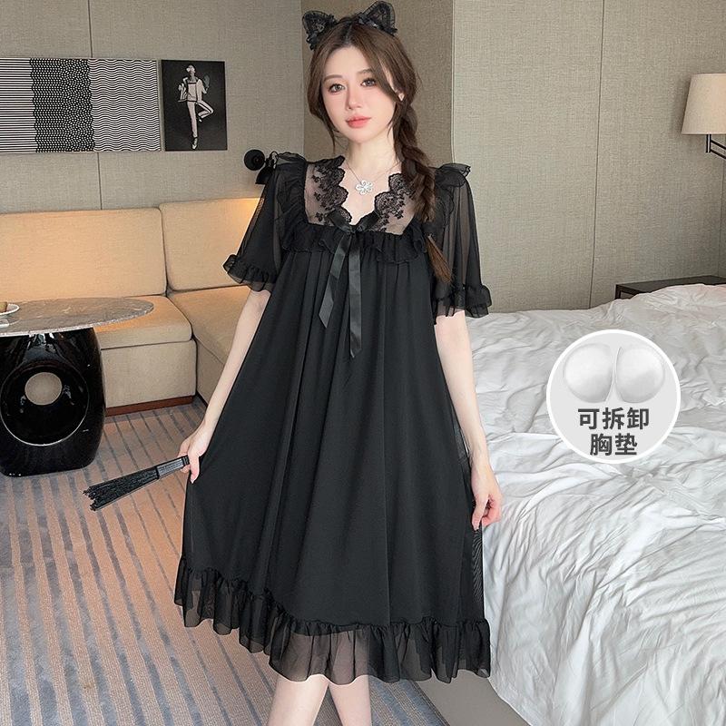 Summer Style Solid Color Lace Bow Mesh Court Princess Style Medium Long Nightdress Pajamas Loungewear