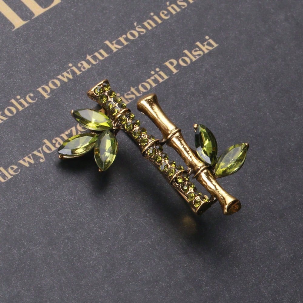 

Vintage Gold-Tone Bamboo Brooch - Green Crystals, Nature-Inspired, Prosperity Symbol, for Daily Outfits, Ideal Gift
