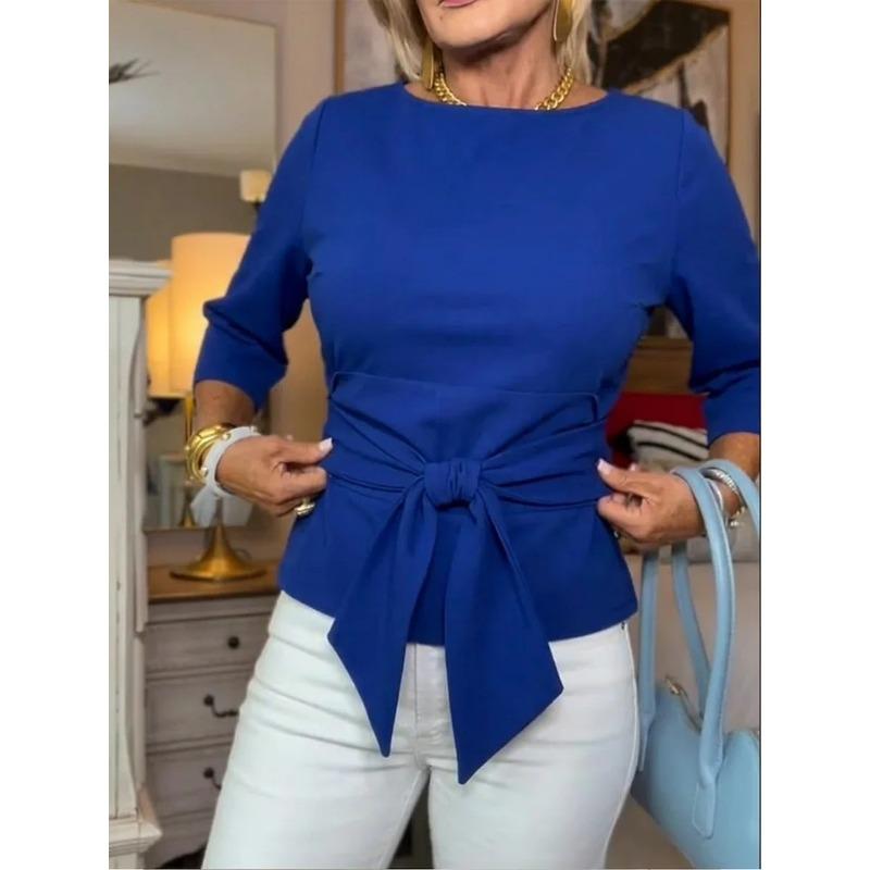 

Womens Solid Color Tie Waist 3/4 Sleeve Blouse S синій