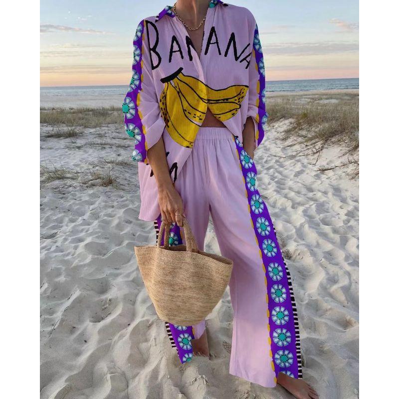 

European and American Summer Holiday Style Print Shirts Pants Two-Piece Suit Printed Shirt and Pants Set Light purple M