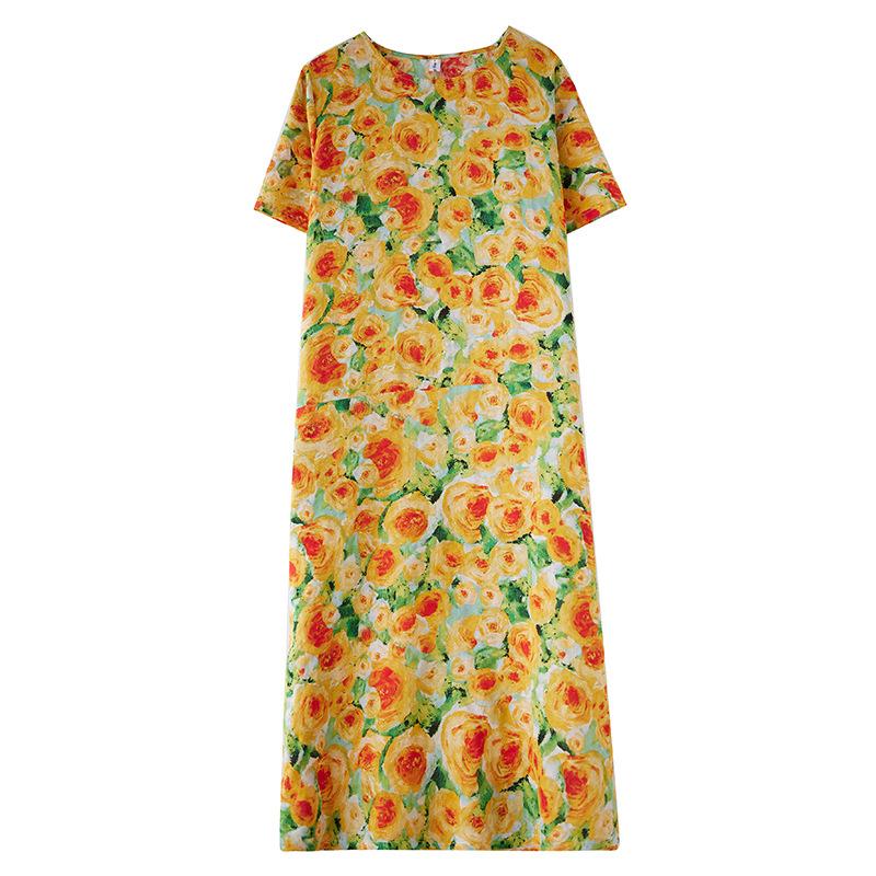 Summer Cotton Linen Irregular Printed Patchwork Loose Short Sleeved Dress for Women