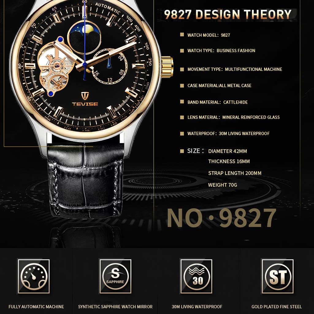 Men's Fully Automatic Mechanical Watch Tourbillon Hollow Dial 24-hour Moon Phase Window Business Waterproof Noctilucent Men's Fashion Mechanical Watch