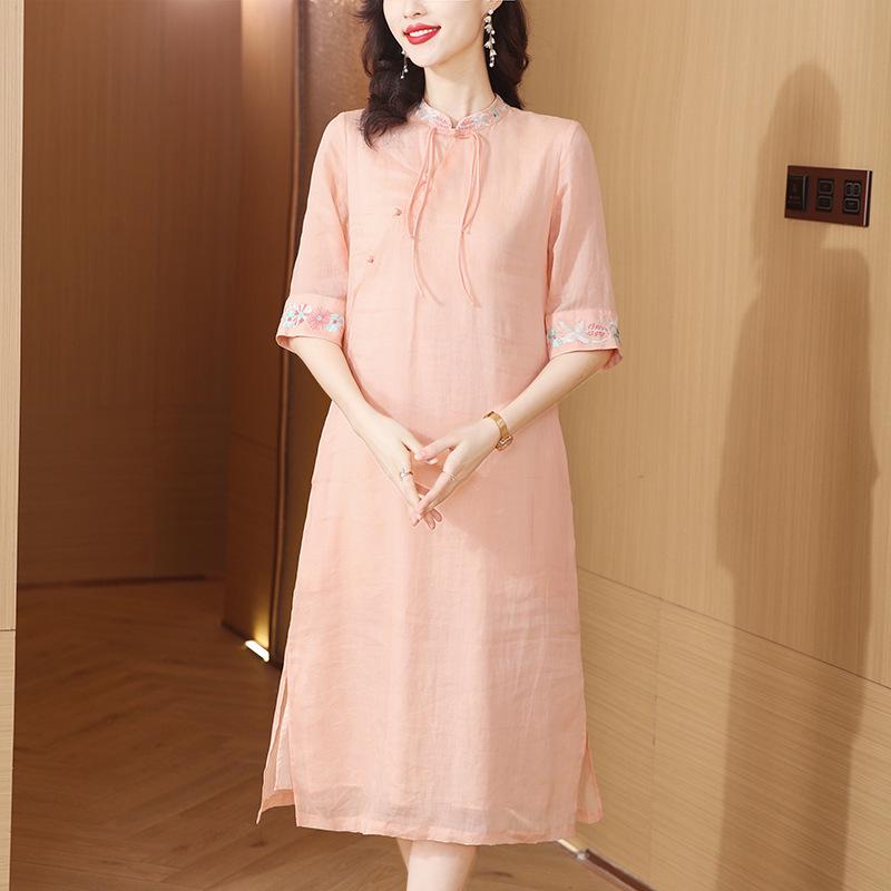 Elegant Mid-Length Embroidered Qipao with Cotton Linen and Frog Buttons