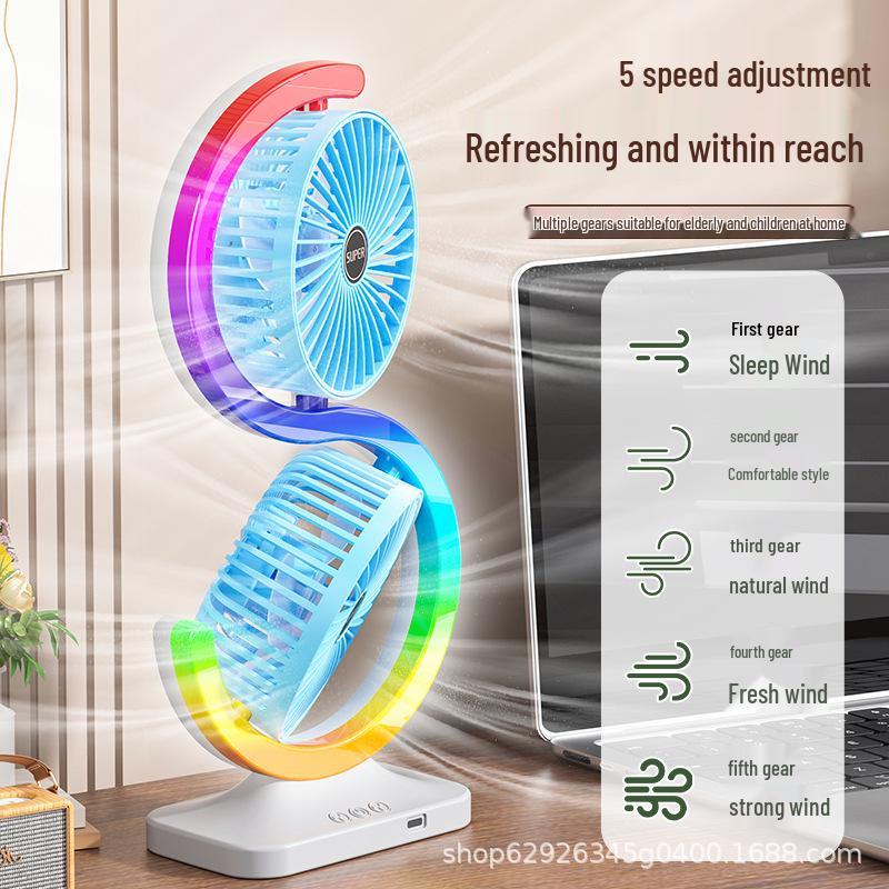 

2026 Dual-Head Rotating Desktop Fan with Atmosphere Light Fluorescent Green Standard