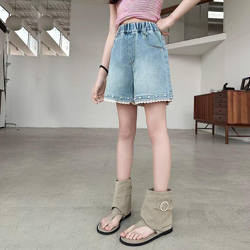 2026 New Summer Girls Denim Lace Shorts - Lightweight, Stylish Outerwear for Kids 120 cm