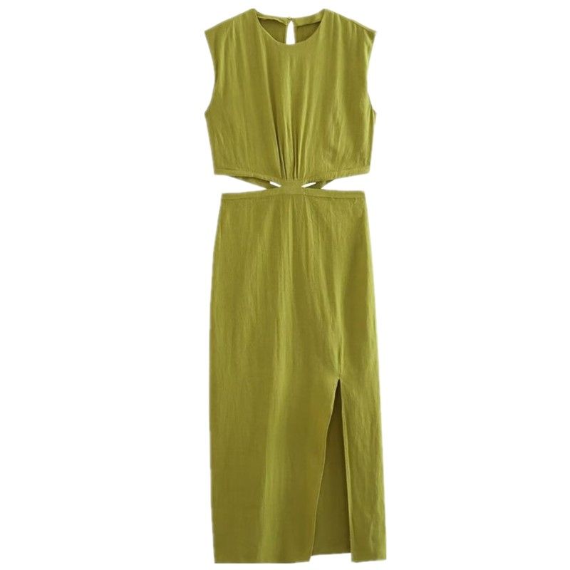 

Fashion Style Amoi Fashion Trendy Women s Linen Blend Opening Design Midi Skirt Dress 7901939 510 Yellow green color L