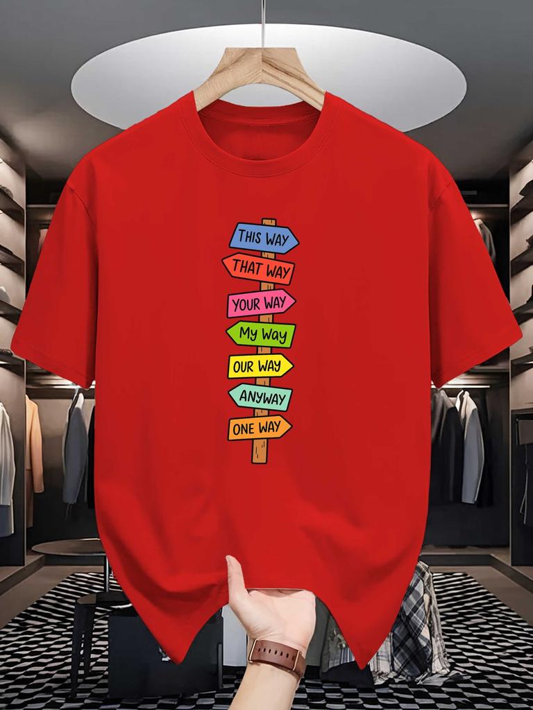 Unisex Crew Neck Tee Colorful Direction Sign Text Graphic Print Soft Cotton Loose Breathable Short Sleeve Summer Casual Street Tops