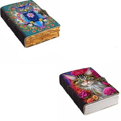 Kombi-Tagebuch aus Leder – Leder-Tagebuch mit Katzenportrait, leere Seiten / Vintage-Tagebuch aus Leder mit Mandala-Eule, bedruckt